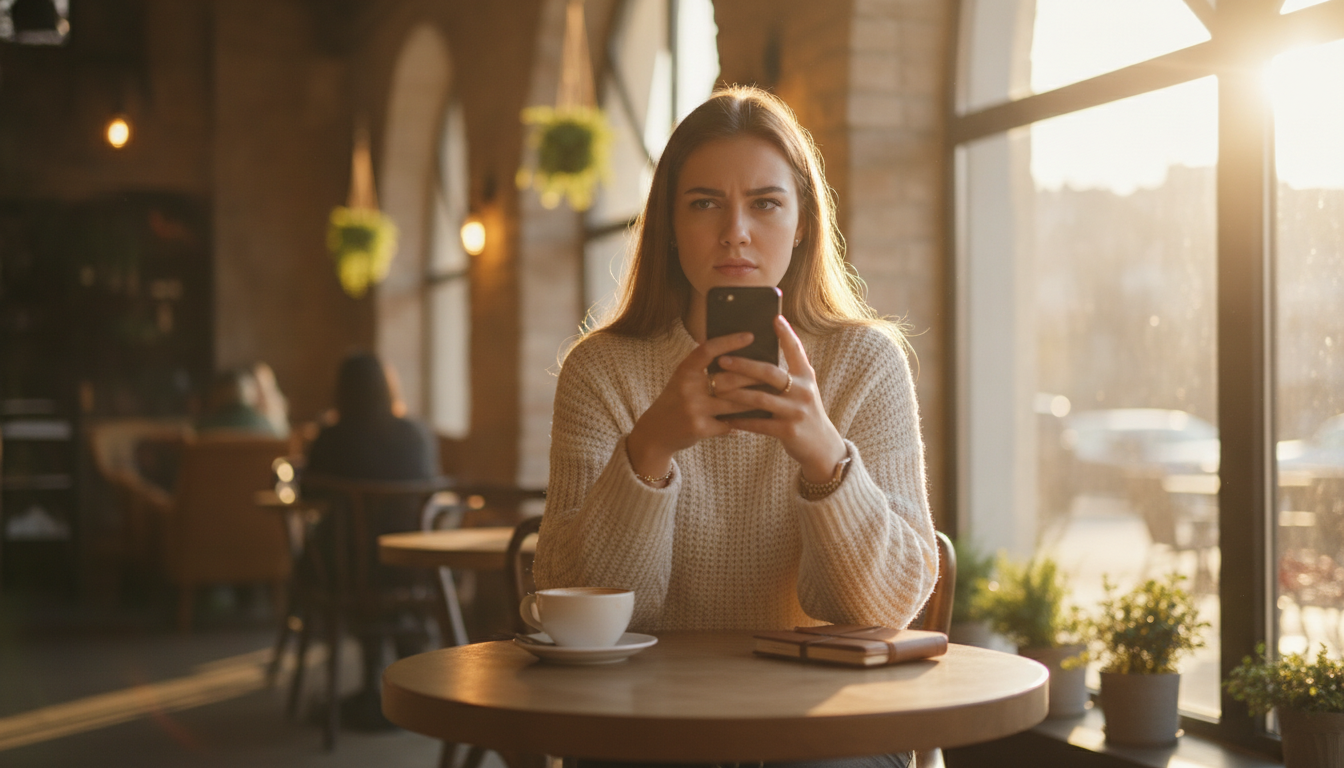 Frau reagiert im Café skeptisch auf eine verdächtige Nachricht auf ihrem Handy