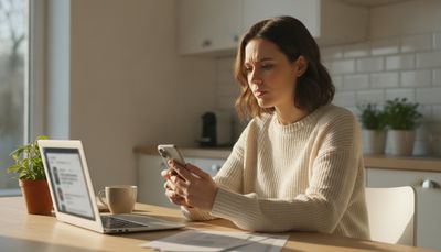 Frau betrachtet nachdenklich ihr Smartphone am Küchentisch im warmen Morgenlicht