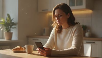 Frau sitzt nachdenklich am Küchentisch und betrachtet skeptisch ihr Smartphone